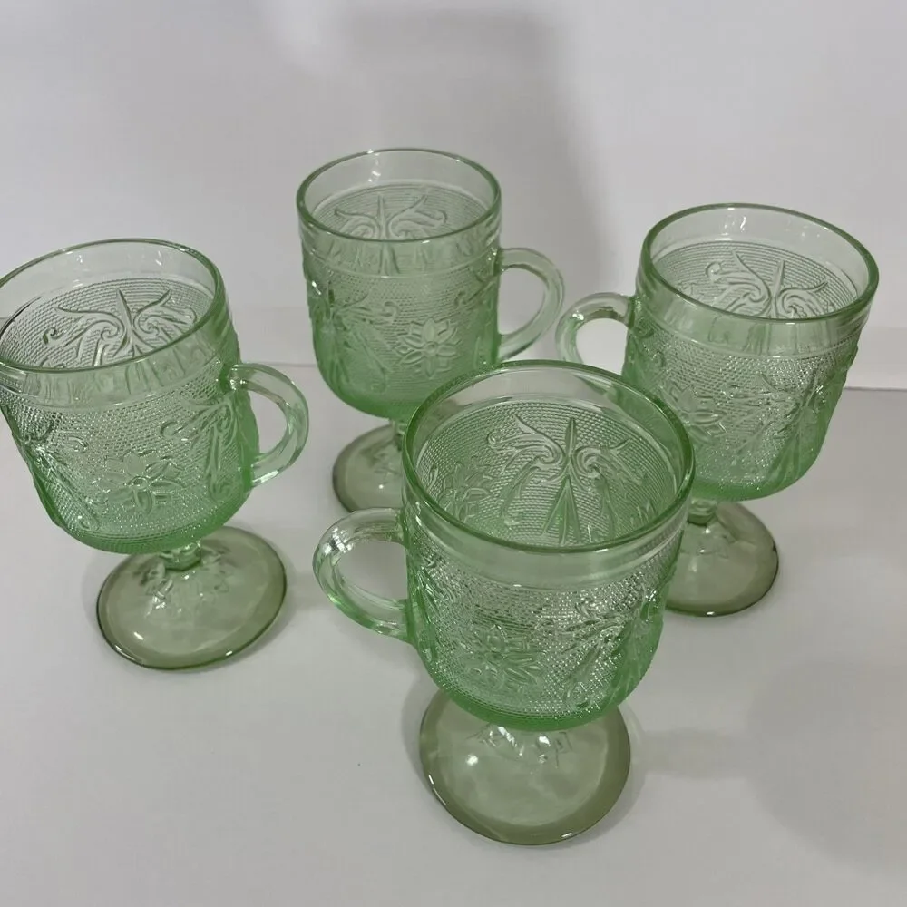 Set of Four (4) Footed, Tiara Chantilly Green Glass Mugs with Handles